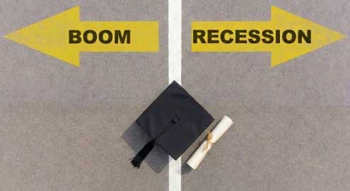 Cap and diploma sitting on a line with the left of the line representing a boom in the economy and the right representing a recession in the economy.