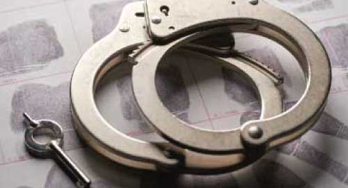 Hand cuffs and finger prints.