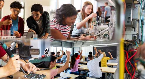 Students performing different tasks such as soldering, chemistry, and robotics building.